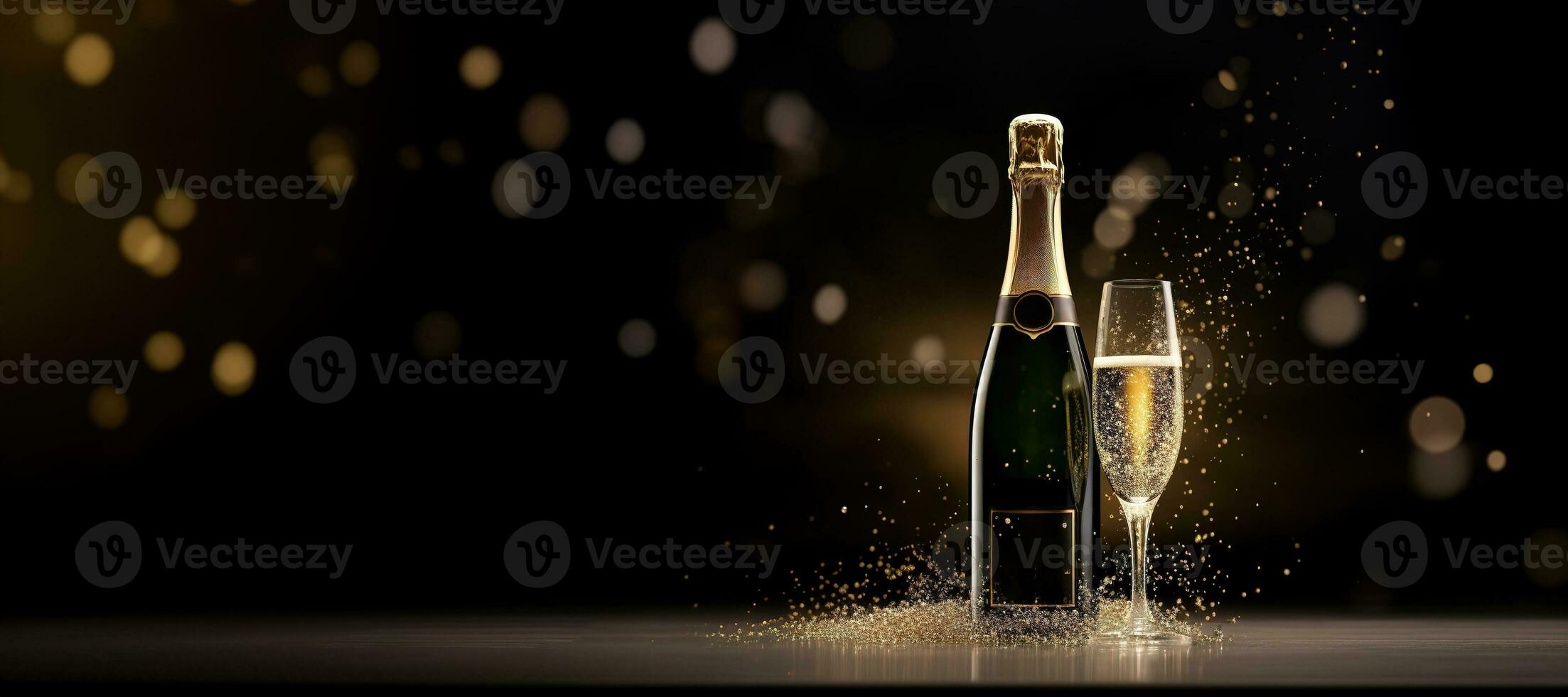 ai genererad generativ ai, gyllene champagne flaska attrapp med glas på mörk bakgrund, gyllene lampor och konfetti foto