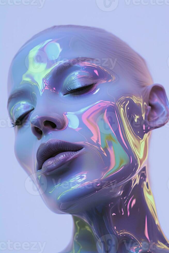 ai genererad generativ ai, kvinna ansikte i regnbågsskimrande färger flytande, vätska, trogen utomjording stil, närbild foto