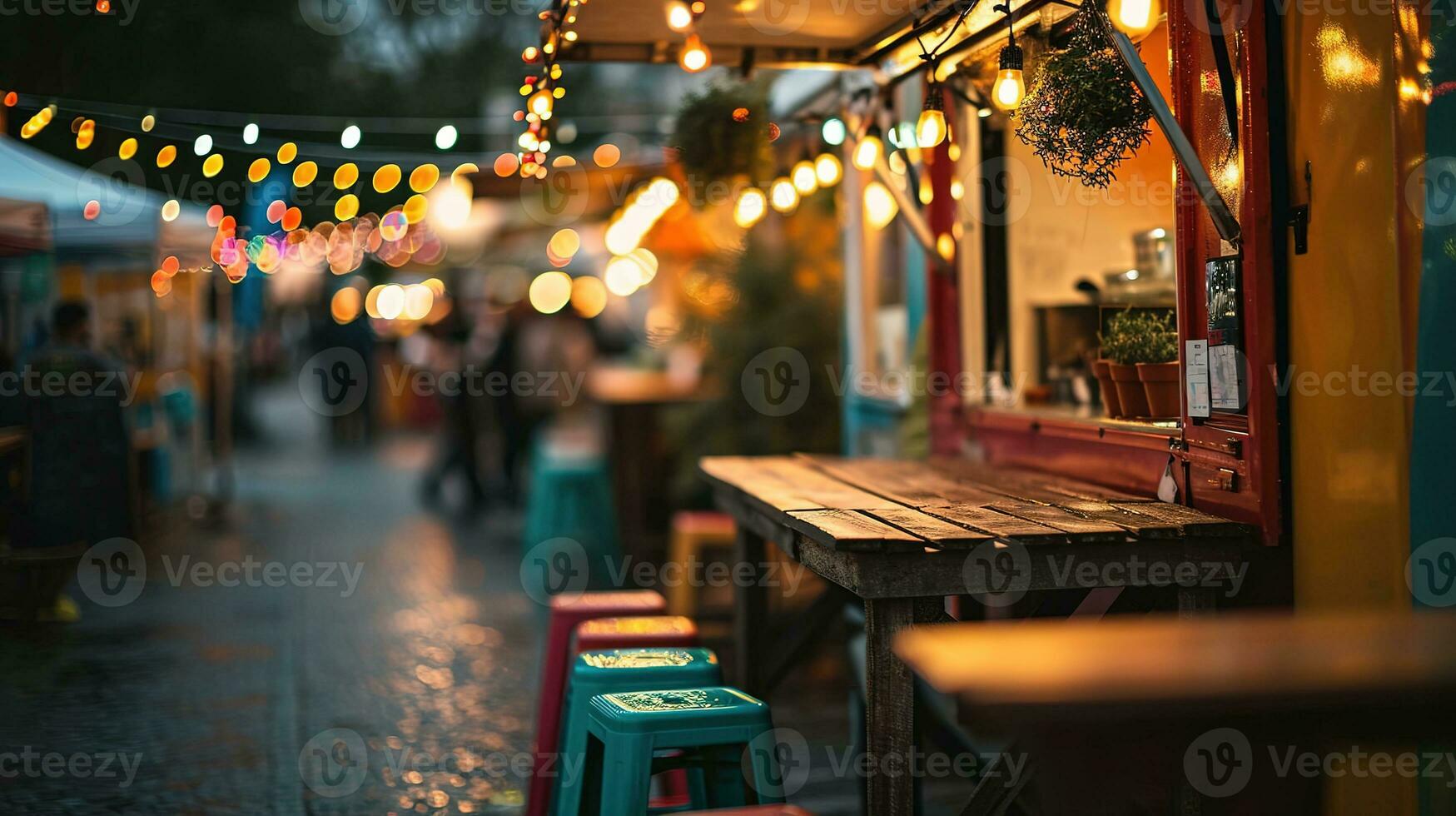 ai genererad generativ ai, mat lastbil gata festival, suddig lampor bakgrund, atmosfärisk bokeh, dämpad färger foto