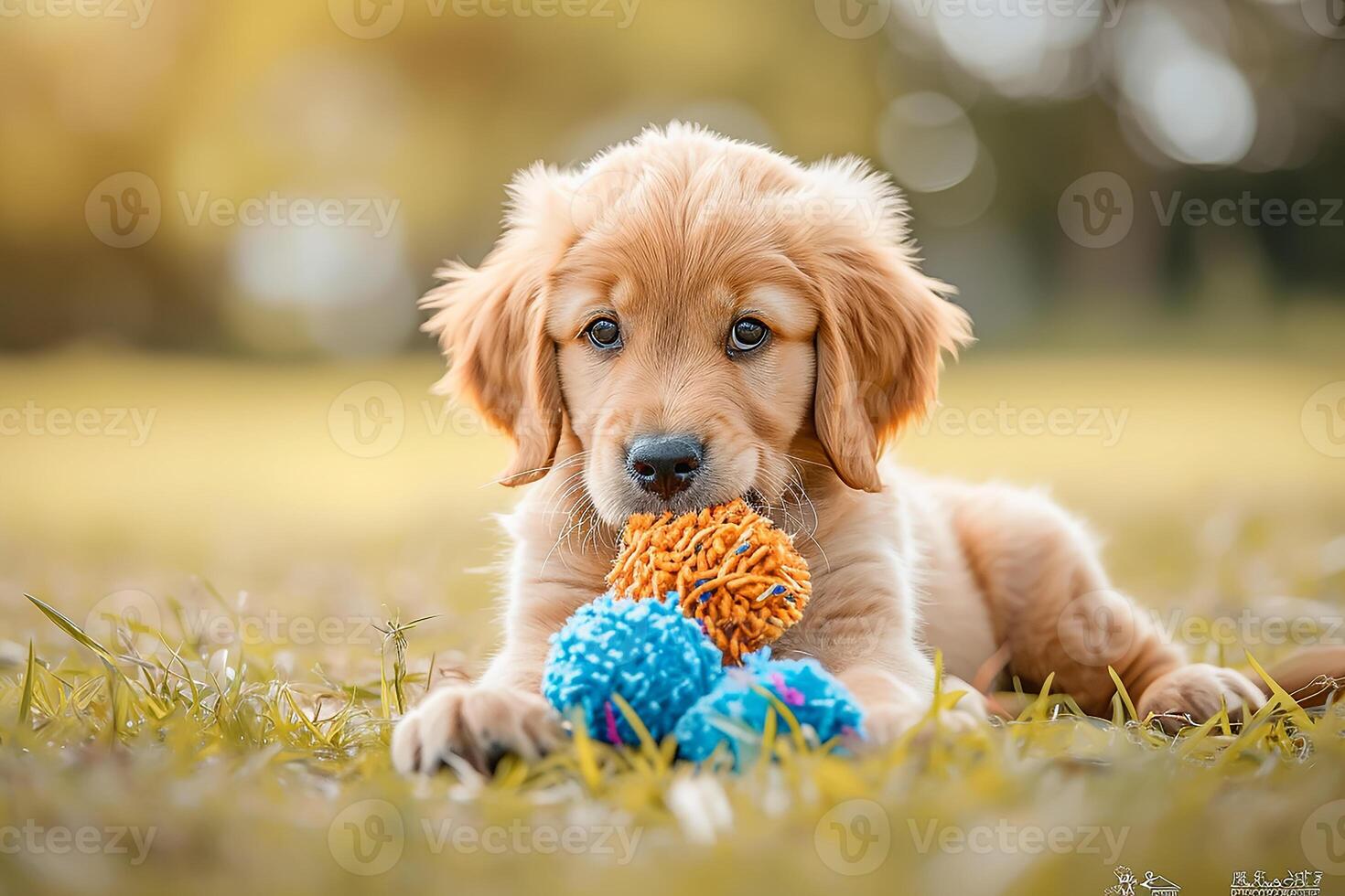 ai genererad gyllene retriever hund valp spelar med leksak foto
