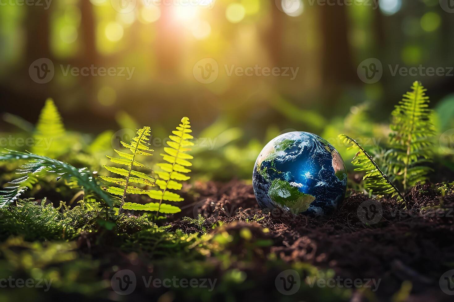 ai genererad global jord på jord i skog med ormbunkar och Sol glans foto