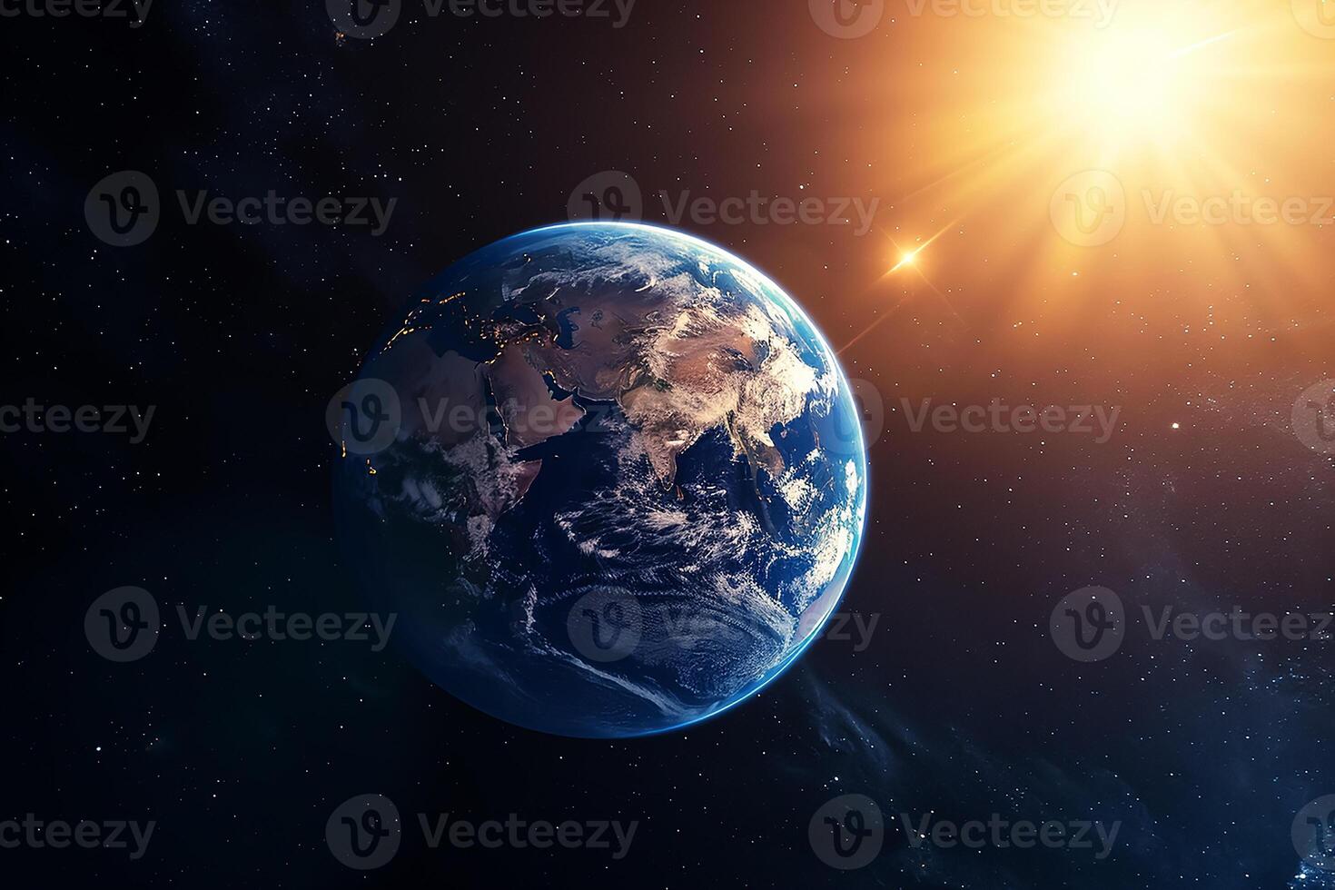 ai genererad de planet jord och Sol ljus se från Plats foto