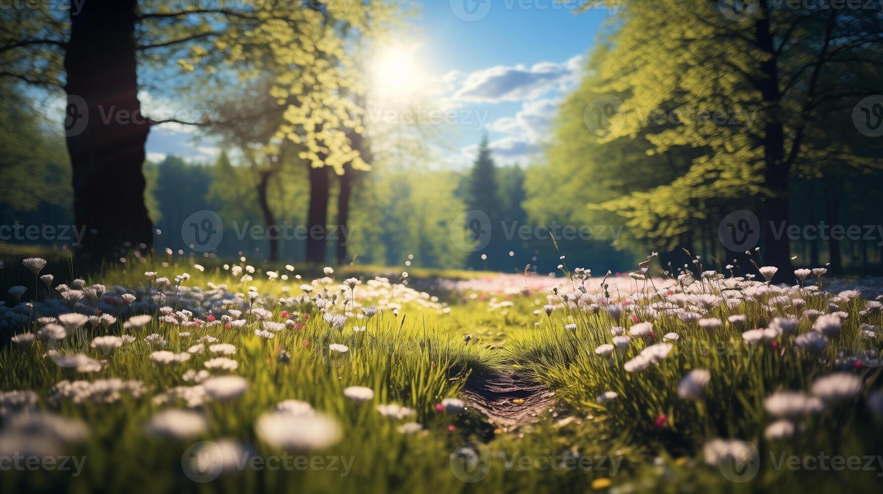 ai genererad skön suddig vår bakgrund av en skog med en blomning äng, träd och blå himmel på en solig dag foto