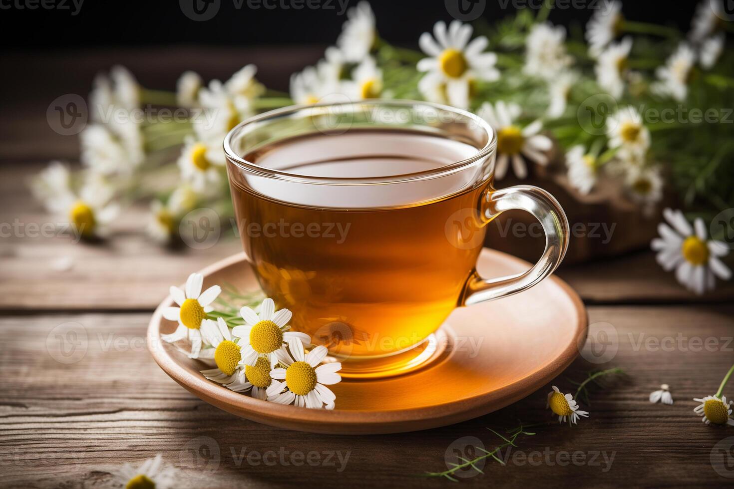 ai genererad kopp av te och kamomill blommor på trä- bakgrund foto