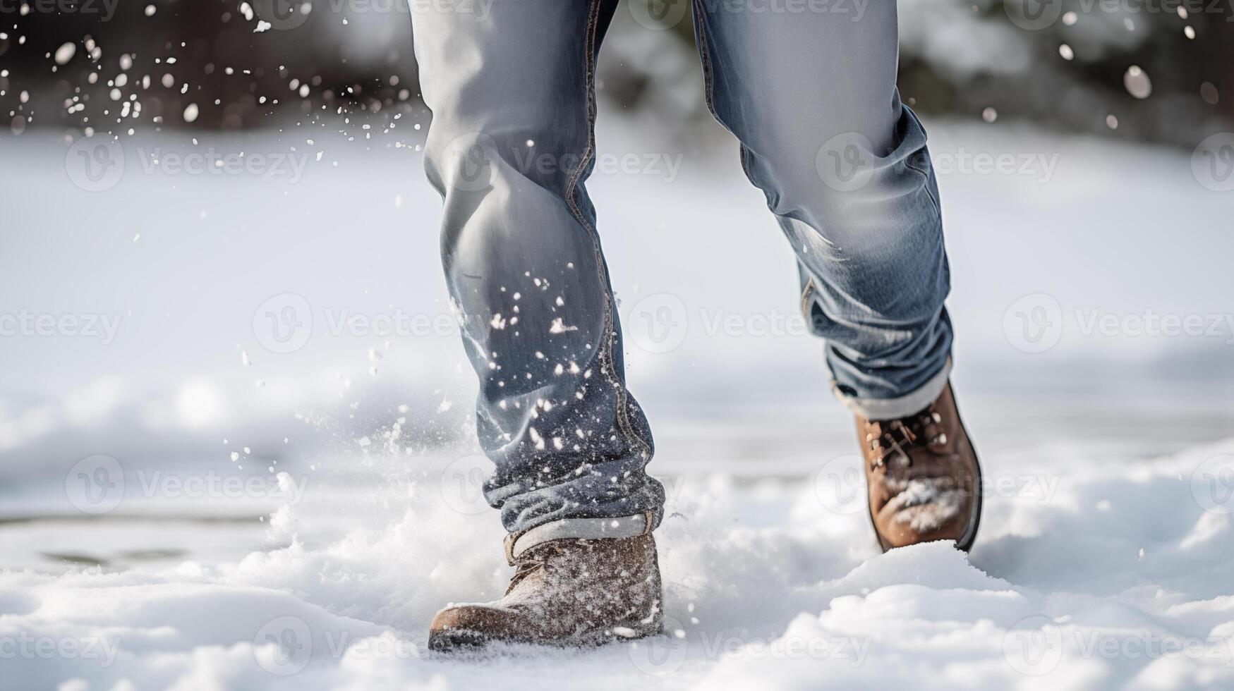 ai genererad person gående genom snö bär stövlar och jeans. begrepp vinter, kall, utomhus, natur. affischer, tidningar, reklam, resa, befordran. foto