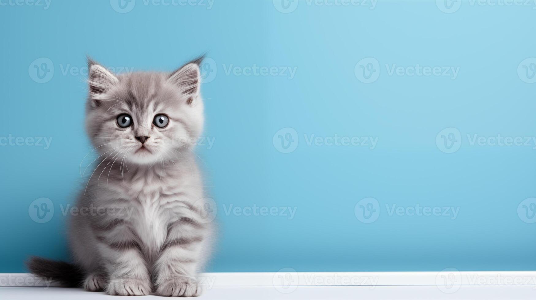 ai genererad fluffig grå kattunge Sammanträde på vit avsats, blå bakgrund foto