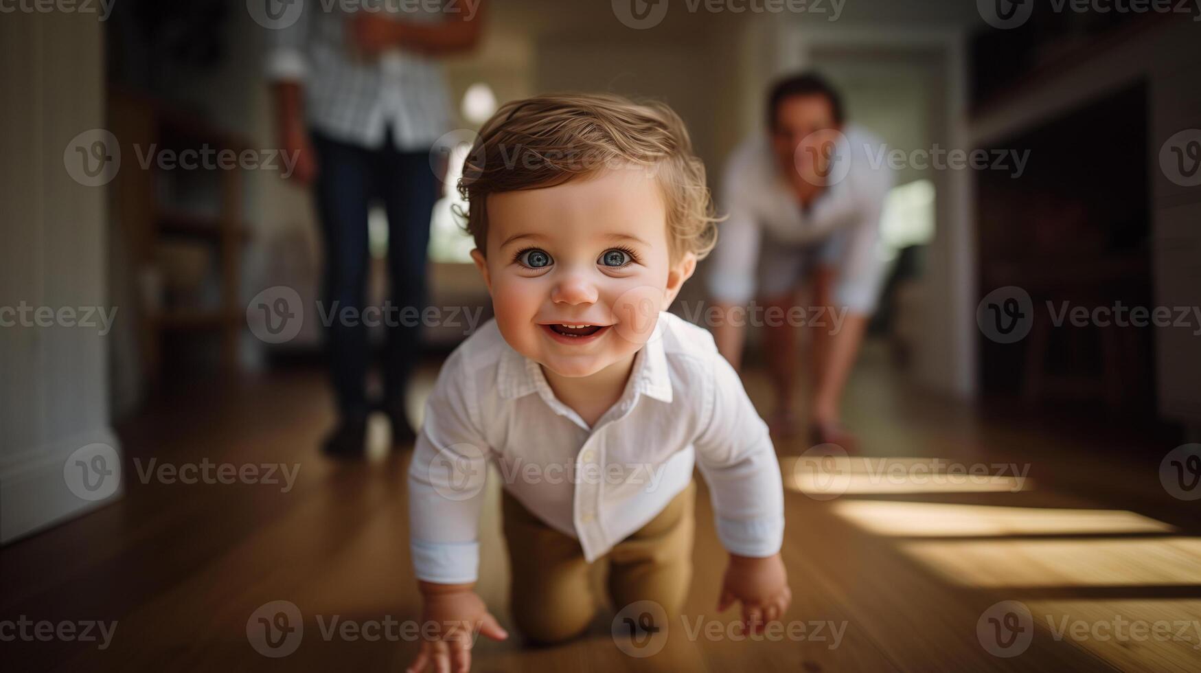 ai genererad bebis krypande med glädje, föräldrar i bakgrund, Hem fylld med glädje. foto