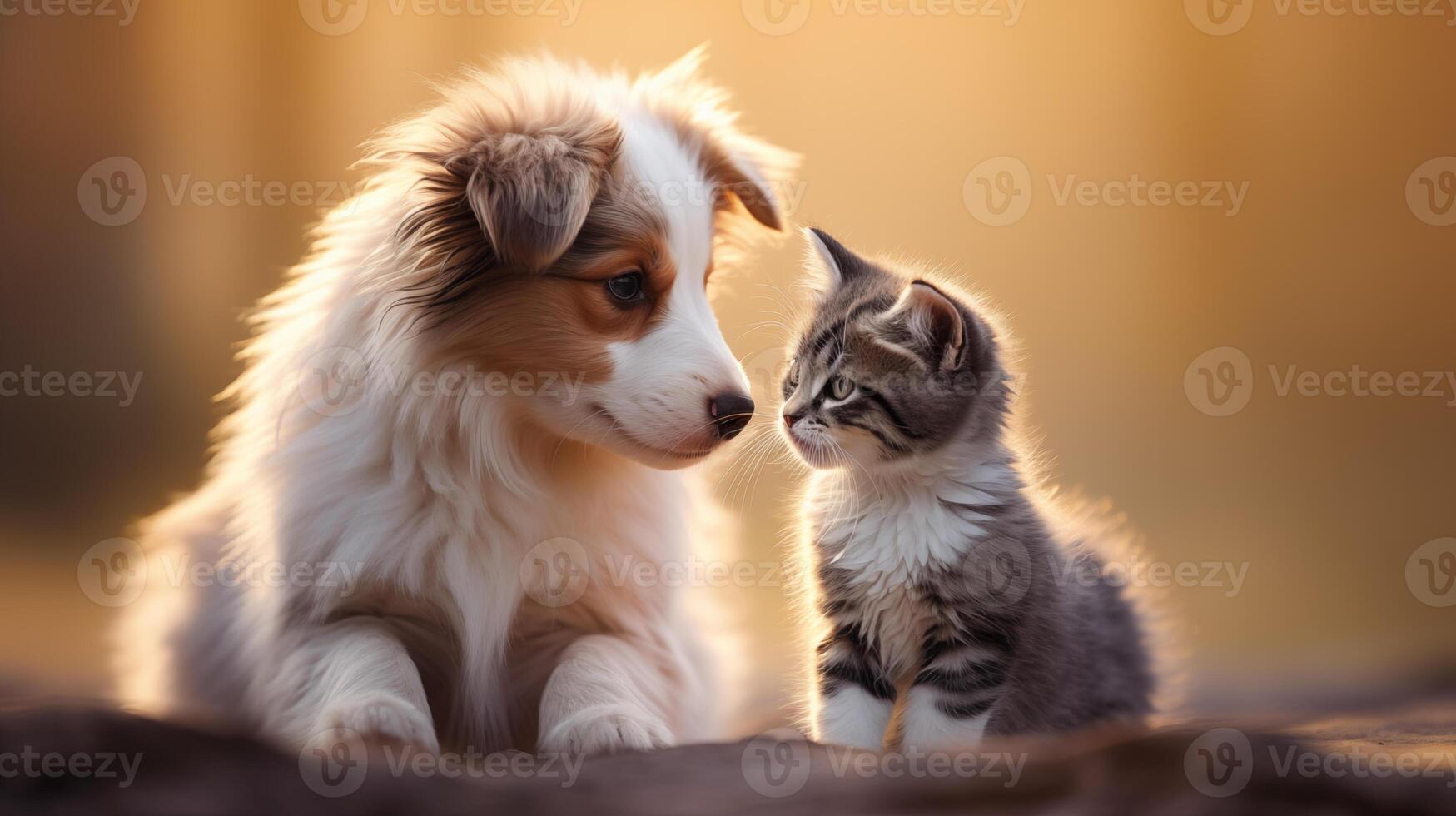 ai genererad mild stöta på australier hund med en nyfiken kattunge foto