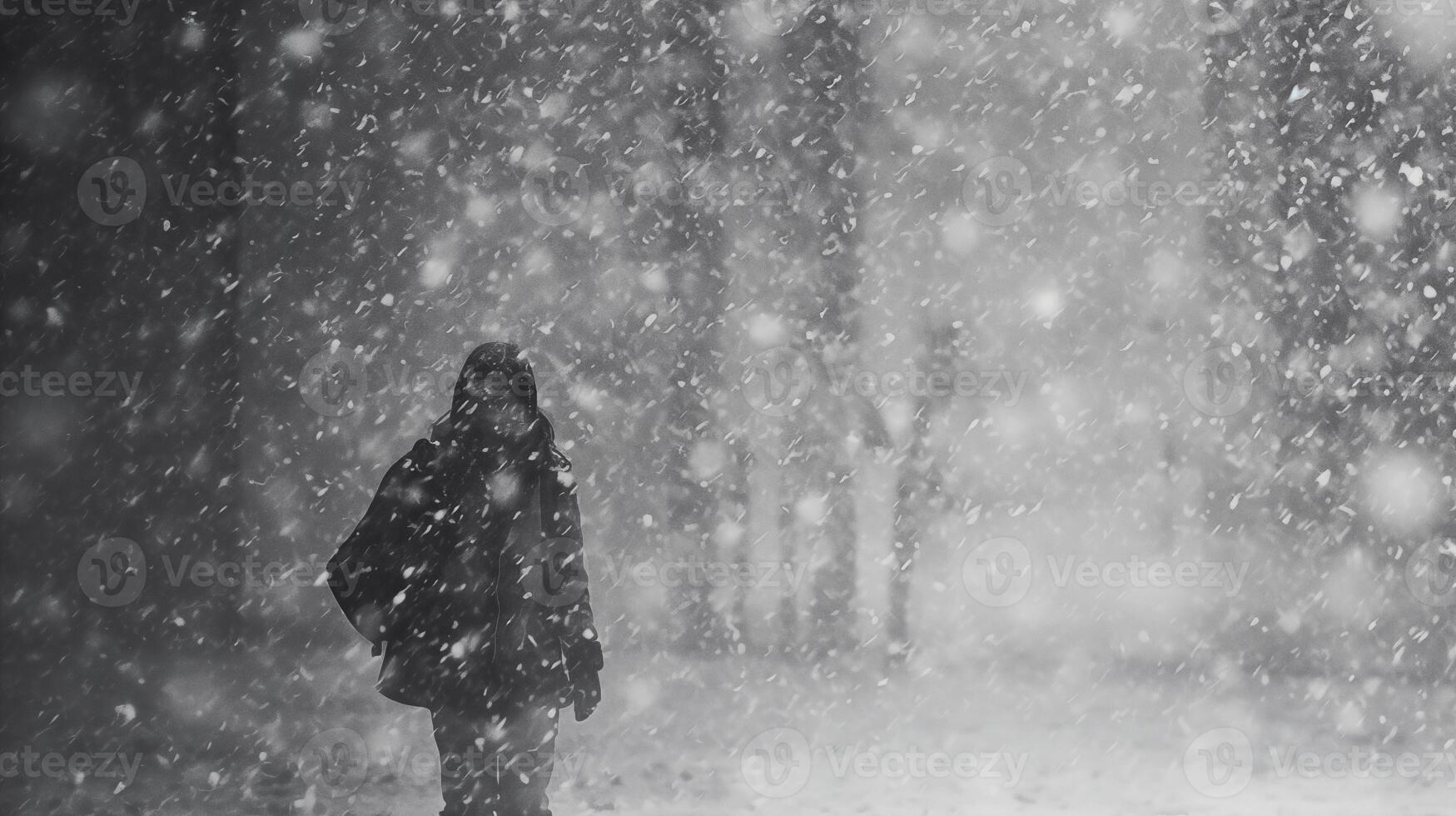 ai genererad en person gående i de snö i en parkera på en snöig dag i de vintertid. foto