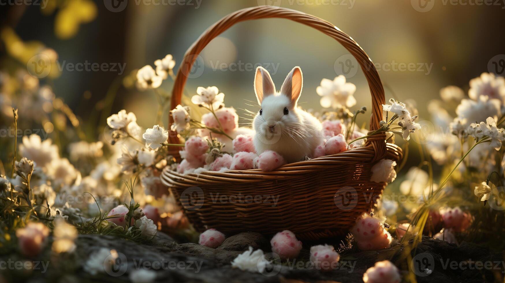 ai genererad vit kanin i korg mitt i vår blommar foto