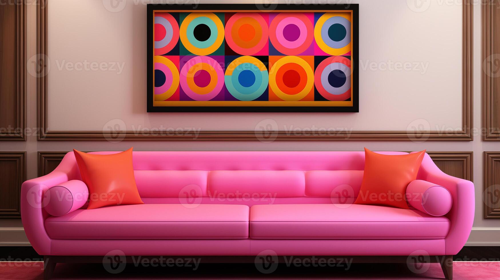 ai genererad chic rosa soffa med abstrakt konst i en eleganta modern interiör foto