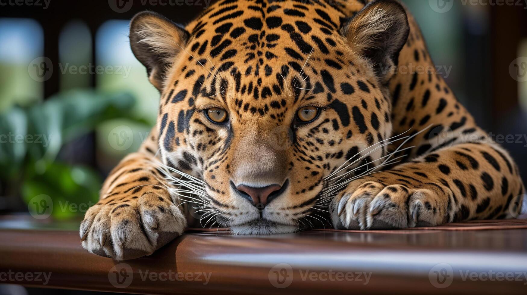 ai genererad intensiv jaguar blick, närbild porträtt foto