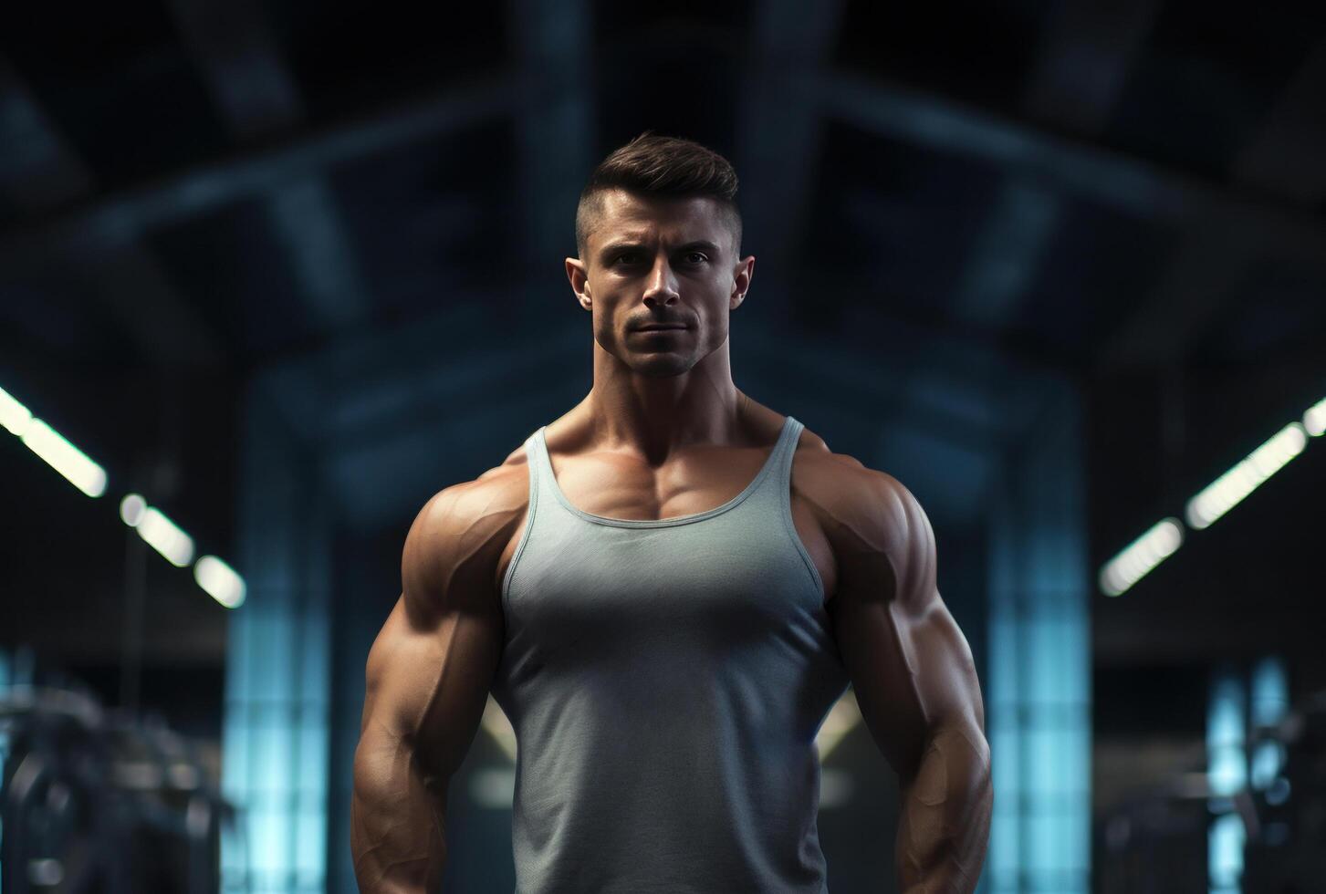 ai genererad en man Framställ i de Gym med hans muskulös kropp foto