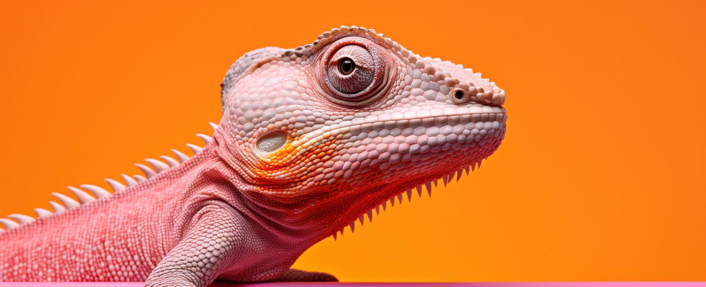 ai genererad en kameleont ser framåt- på ett orange bakgrund foto