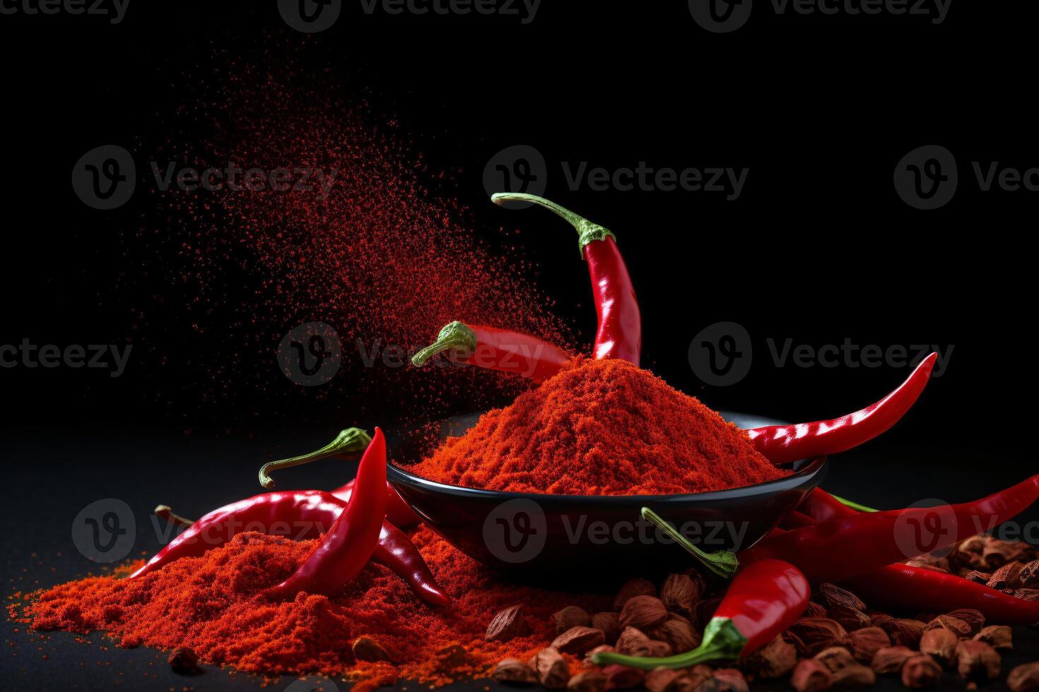 ai genererad levitation av röd chili peppar hela och skivor generativ ai foto