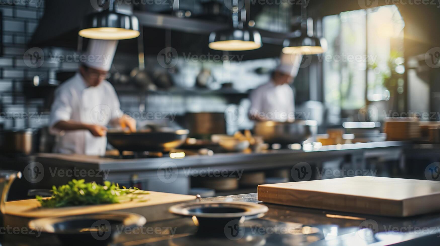 ai genererad generativ ai, upptagen kockar arbetssätt på de restaurang kök , suddig bakgrund foto