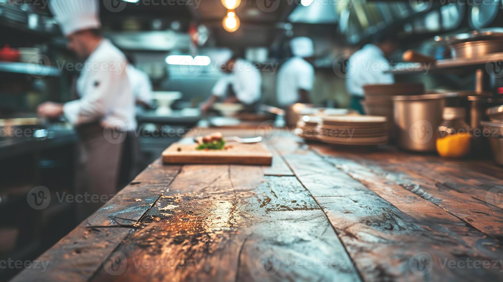 ai genererad generativ ai, upptagen kockar arbetssätt på de restaurang kök , suddig bakgrund foto