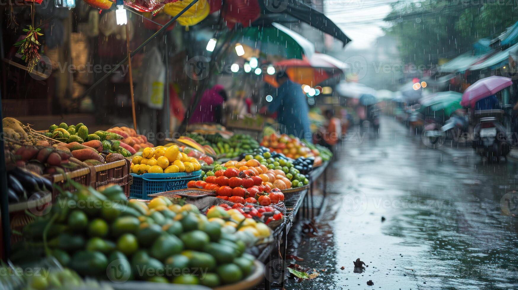 ai genererad generativ ai, traditionell orientalisk asiatisk marknadsföra med frukt och grönsaker under de regn med paraplyer foto