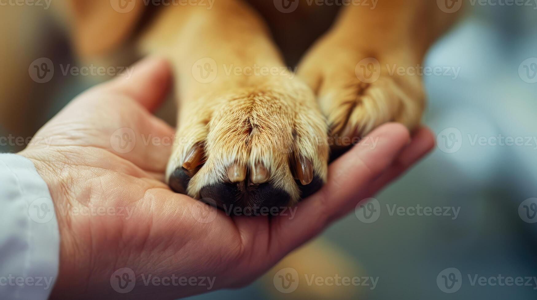 ai genererad generativ ai, veterinär hand är innehav hundar klo. hundar Tass i människor hand. inhemsk sällskapsdjur foto