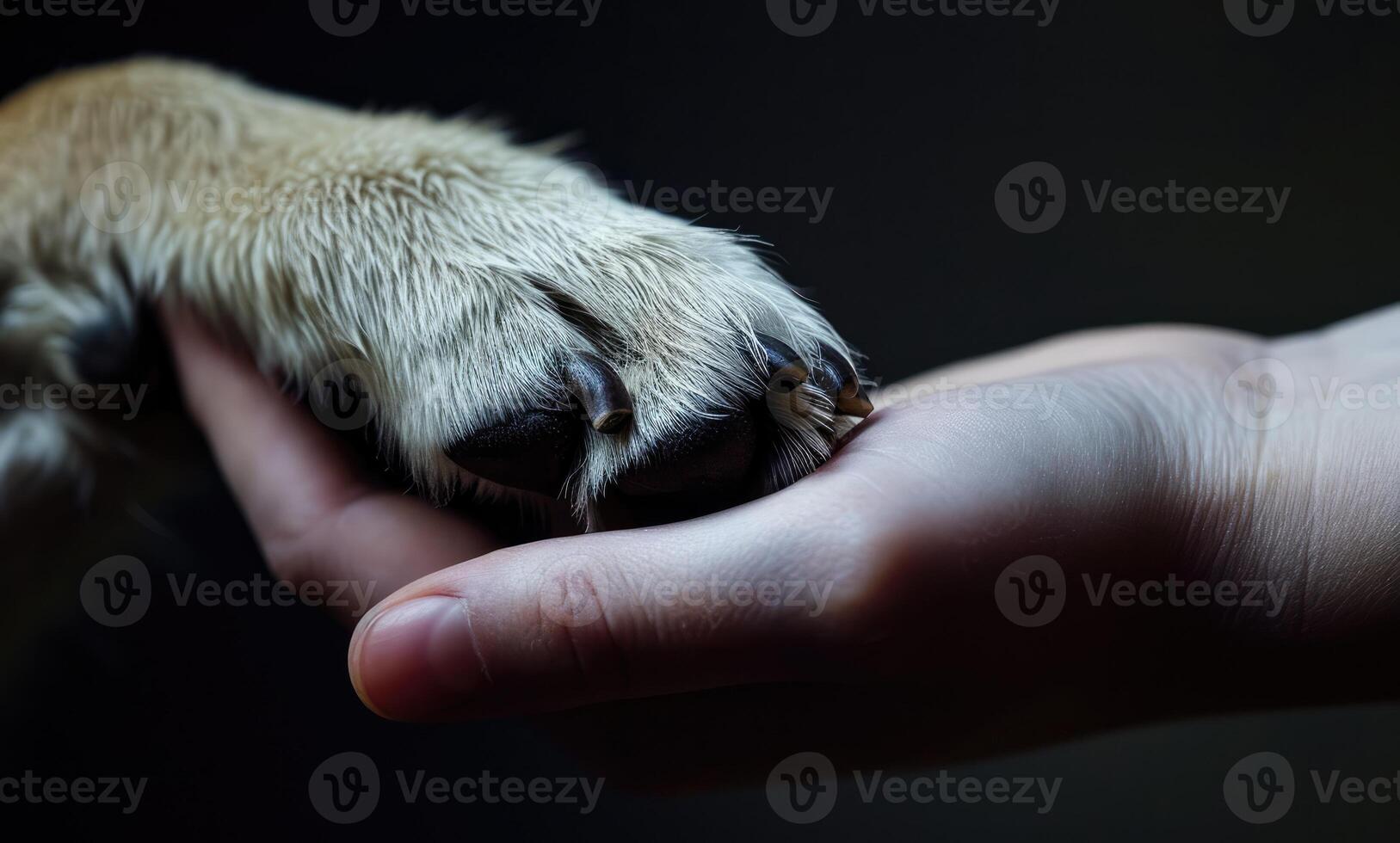 ai genererad generativ ai, veterinär hand är innehav hundar klo. hundar Tass i människor hand. inhemsk sällskapsdjur foto