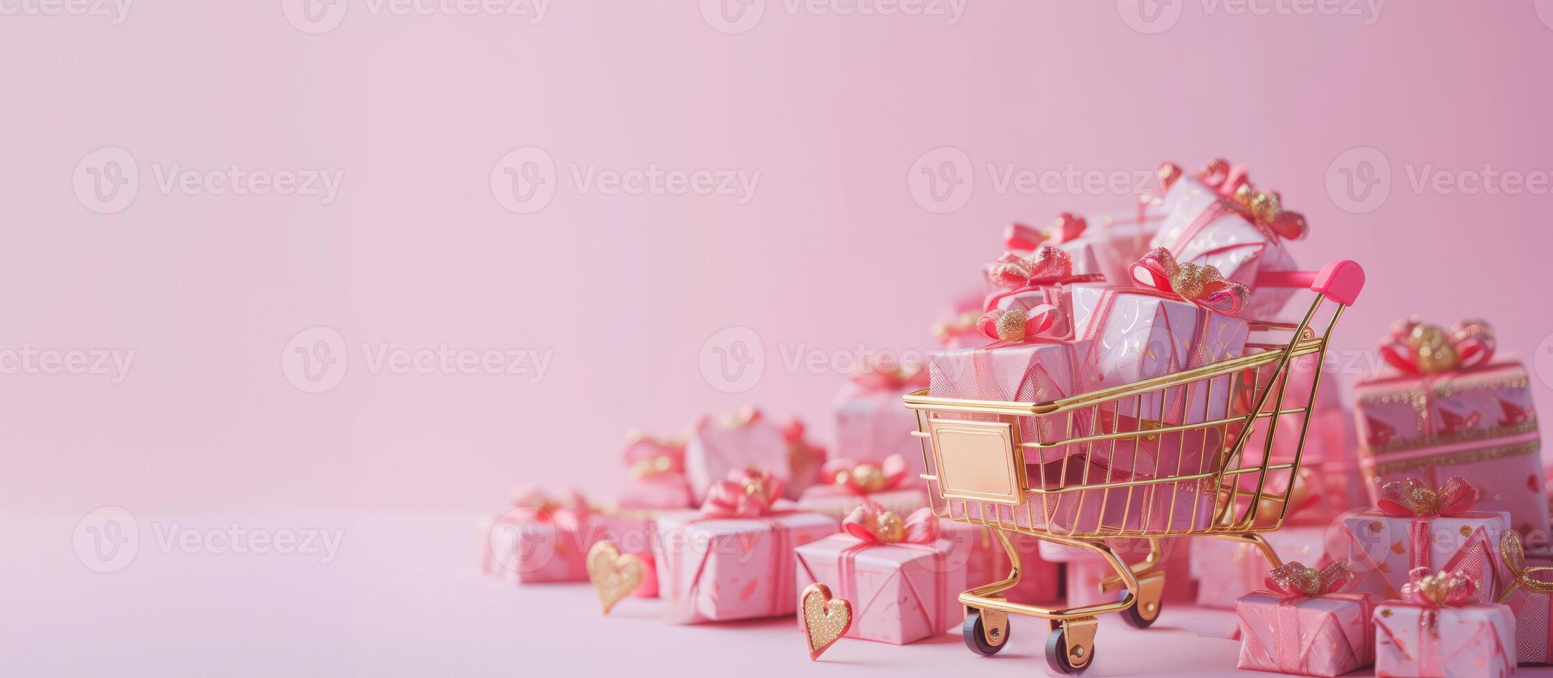 ai genererad generativ ai, gyllene och rosa handla vagn med många gåva lådor på rosa bakgrund, valentine dag begrepp, rabatt och försäljning. foto