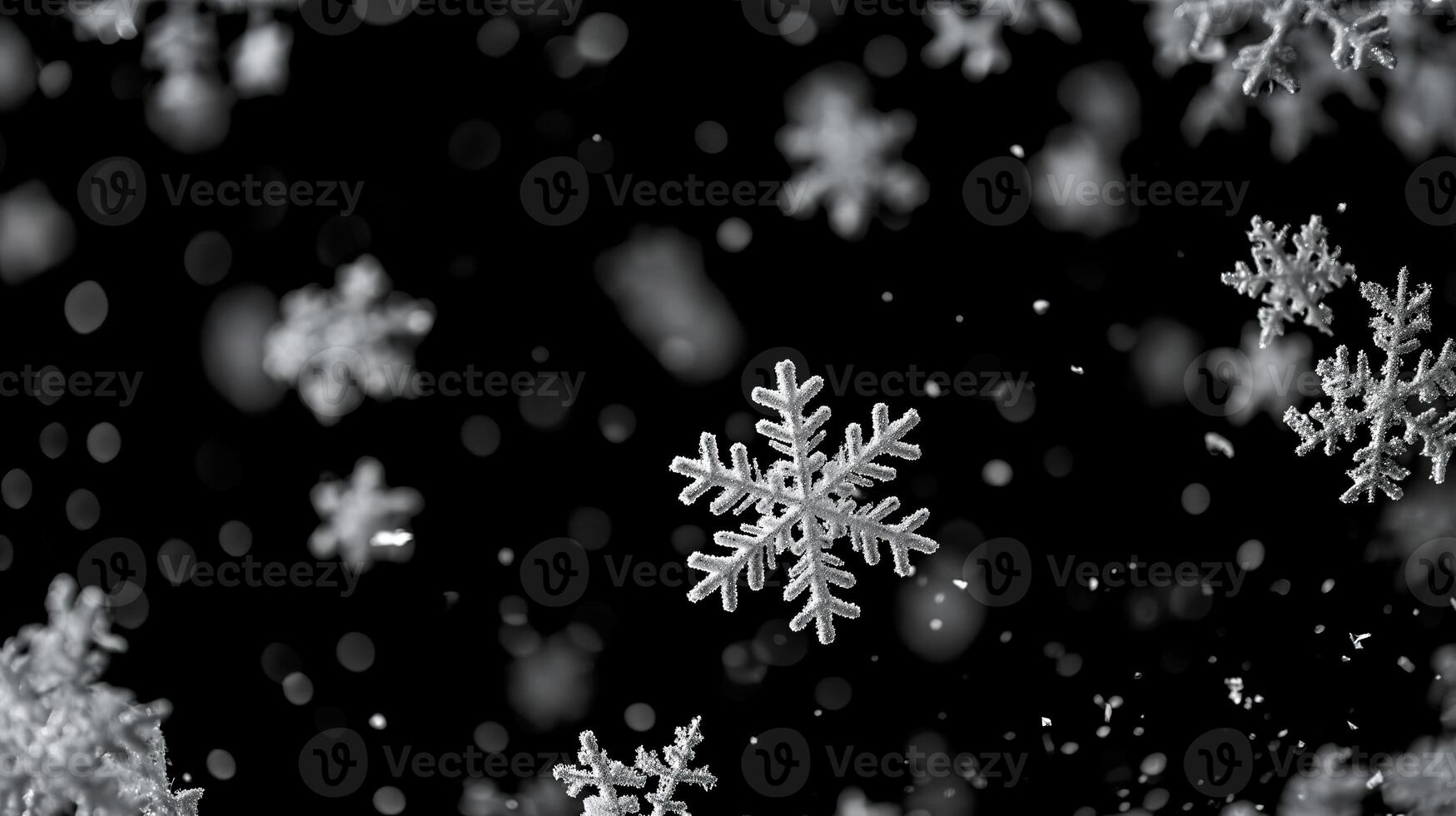 ai genererad snöflinga närbild på mörk snöig bakgrund, vinter- snöfall foto