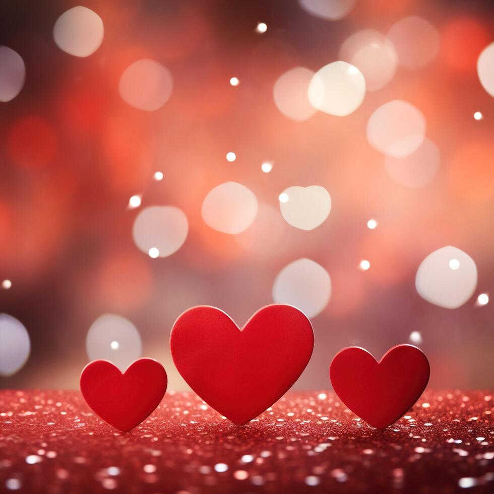 ai genererad en vibrerande röd bakgrund med hjärtan och bokeh idealisk för fira hjärtans dag foto