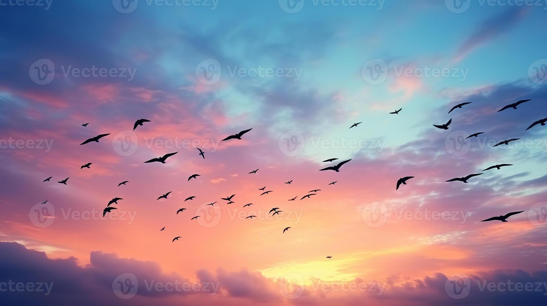 ai genererad silhuett av flygande seagulls på solnedgång himmel bakgrund foto