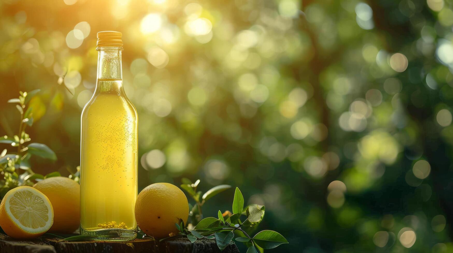 ai genererad limoncello flaska på sommar suddig bokeh bakgrund foto