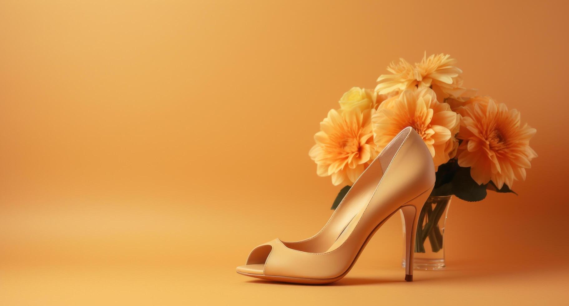 ai genererad hög häl rosa hög heeled skor på beige med rosa blommor på ett orange bakgrund foto
