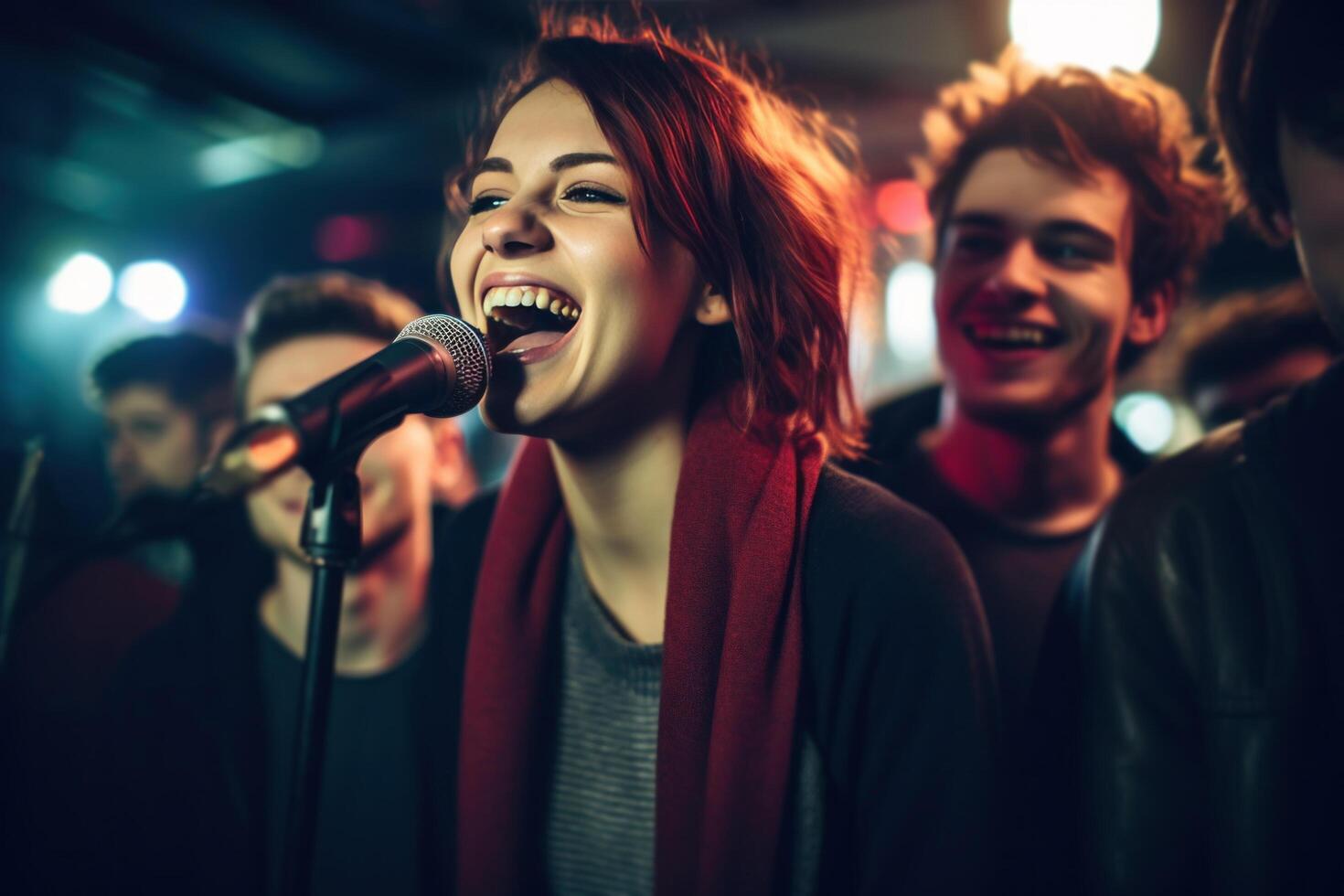 ai genererad Lycklig karaoke grupp på en klubb foto