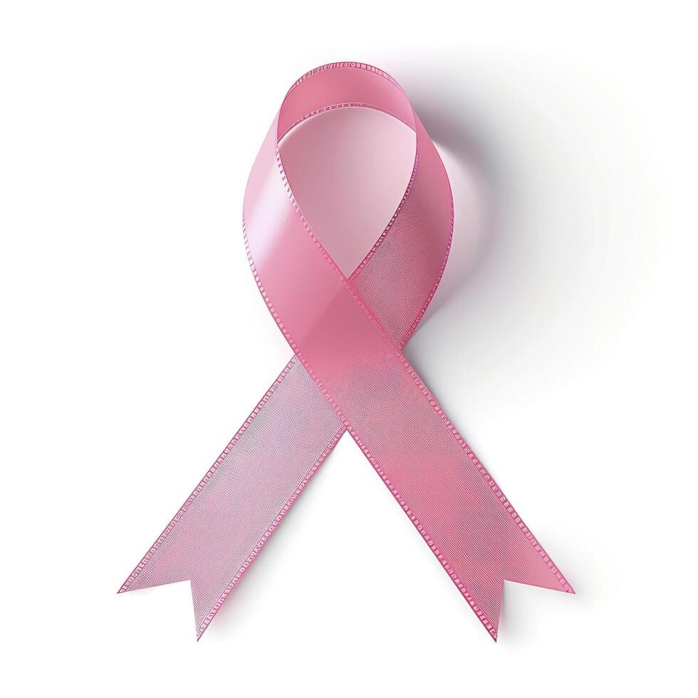 ai genererad rosa band, bröst cancer medvetenhet symbol, isolerat på en vit bakgrund. nationell bröst cancer medvetenhet månad. foto