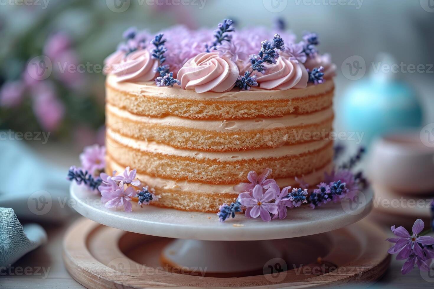 ai genererad en eleganta handgjort kaka står på en festlig tabell stå foto