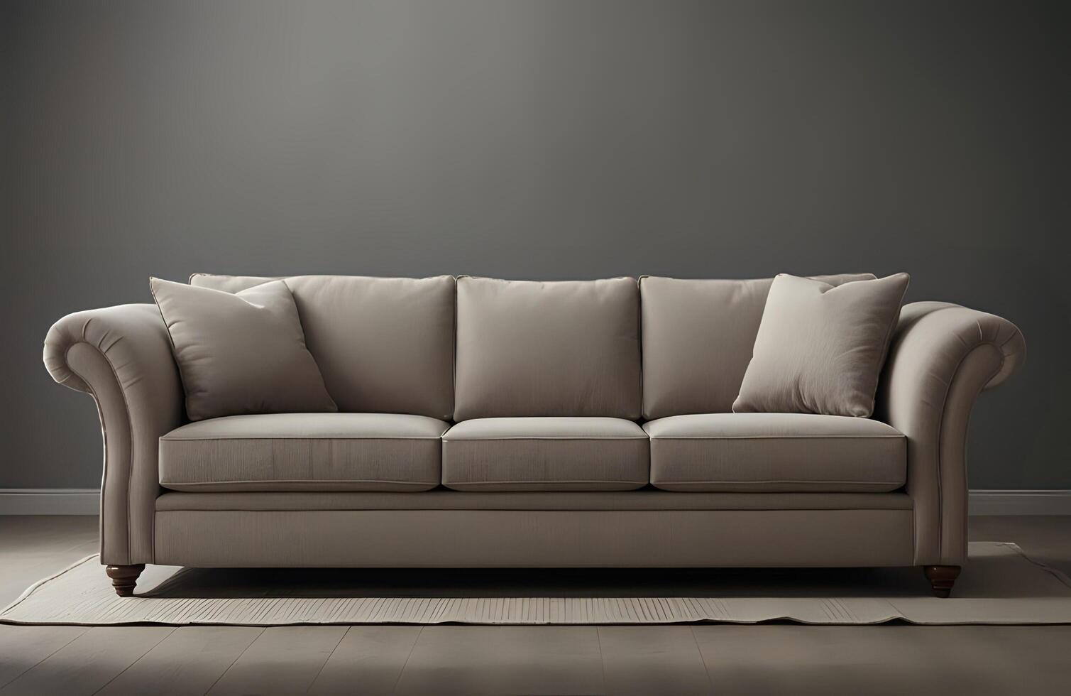 ai genererad en soffa i främre av en grå vägg foto