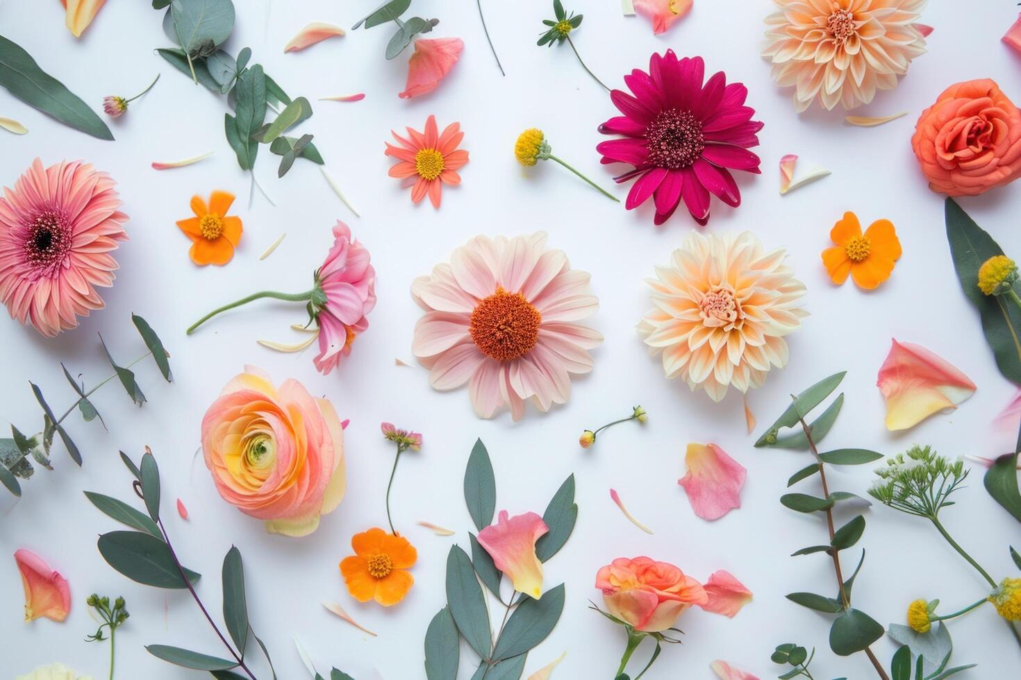 ai genererad en bukett av blommor spridd på vit papper med löv foto