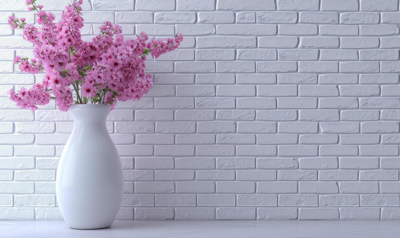 ai genererad en vit vas fylld med blommor på en trä tabell mot en tegel vägg foto