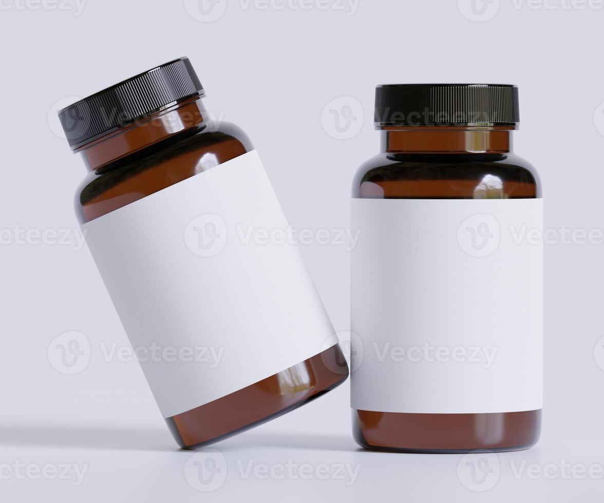 flaska piller tillägg flaska falsk upp. ett flaska. tom märka. 3d illustration. isolerat på bakgrund foto