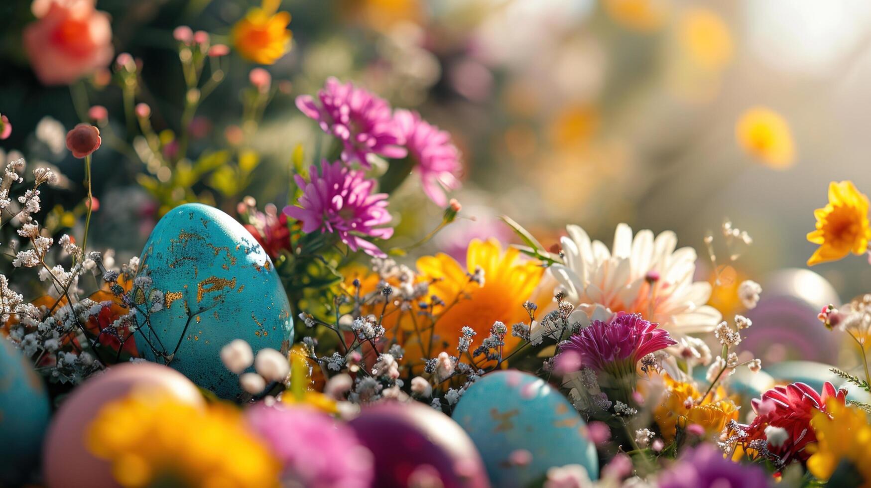 ai genererad påsk med ett explosion av blomning blommor kompletteras förbi påsk ägg foto