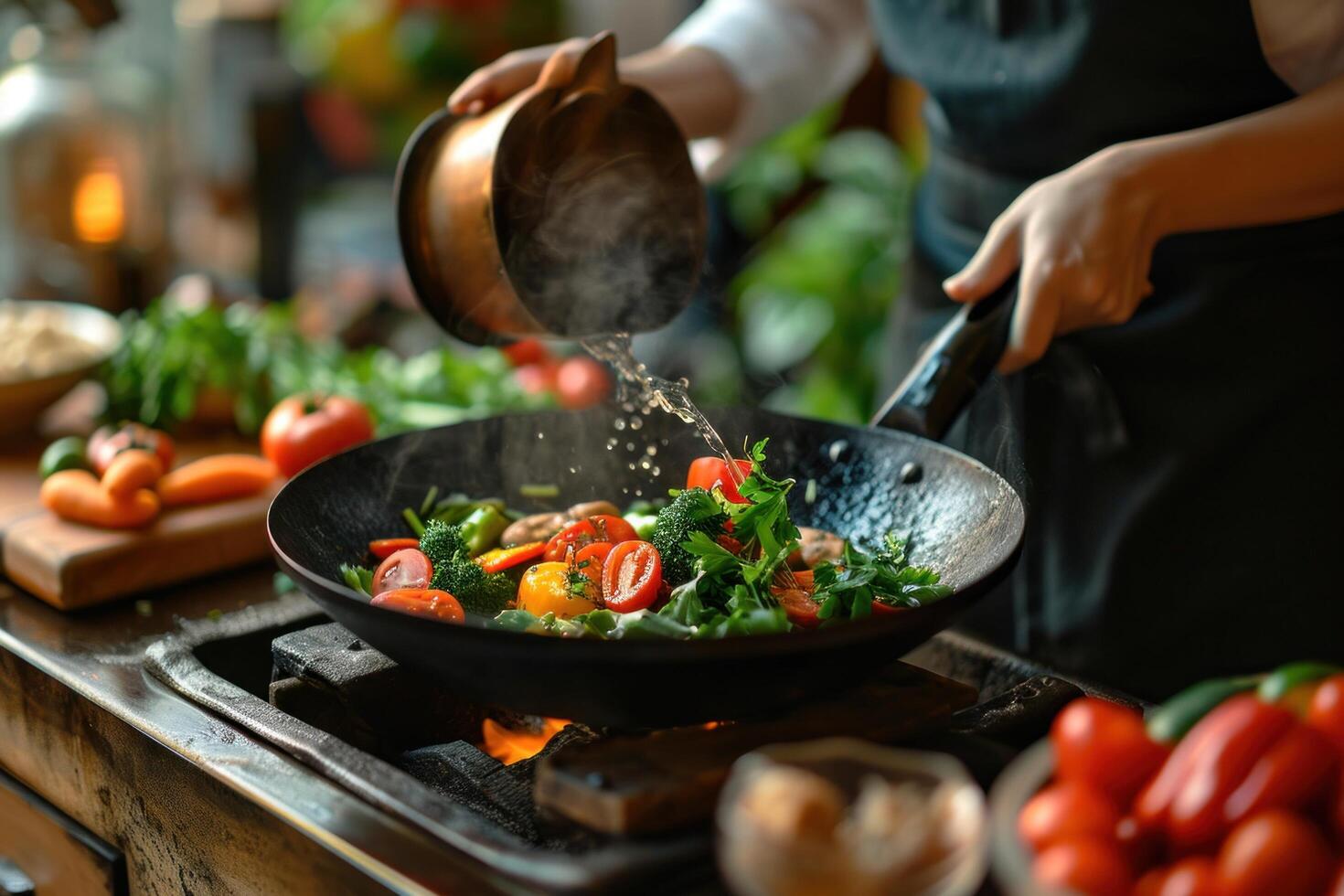 ai genererad en kvinna häller grönsaker in i en wok foto