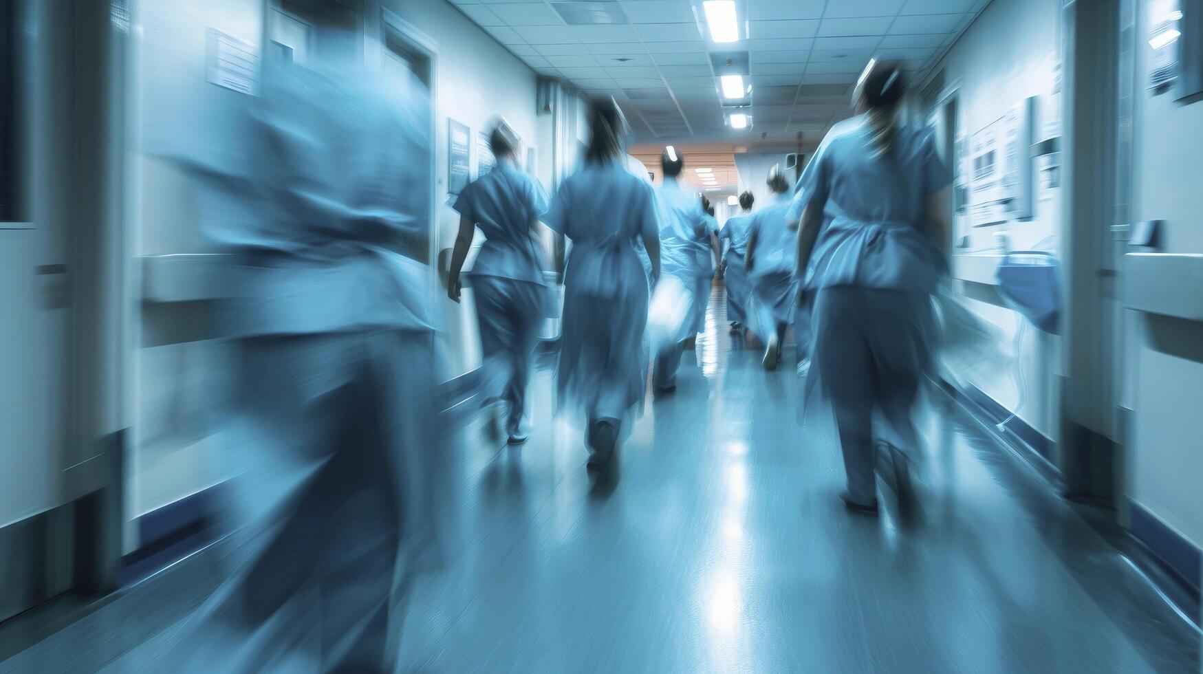 ai genererad lång exponering suddig rörelse av medicinsk doktorer och sjuksköterskor i en sjukhus avdelning bär blå förkläden, gående ner en korridor foto