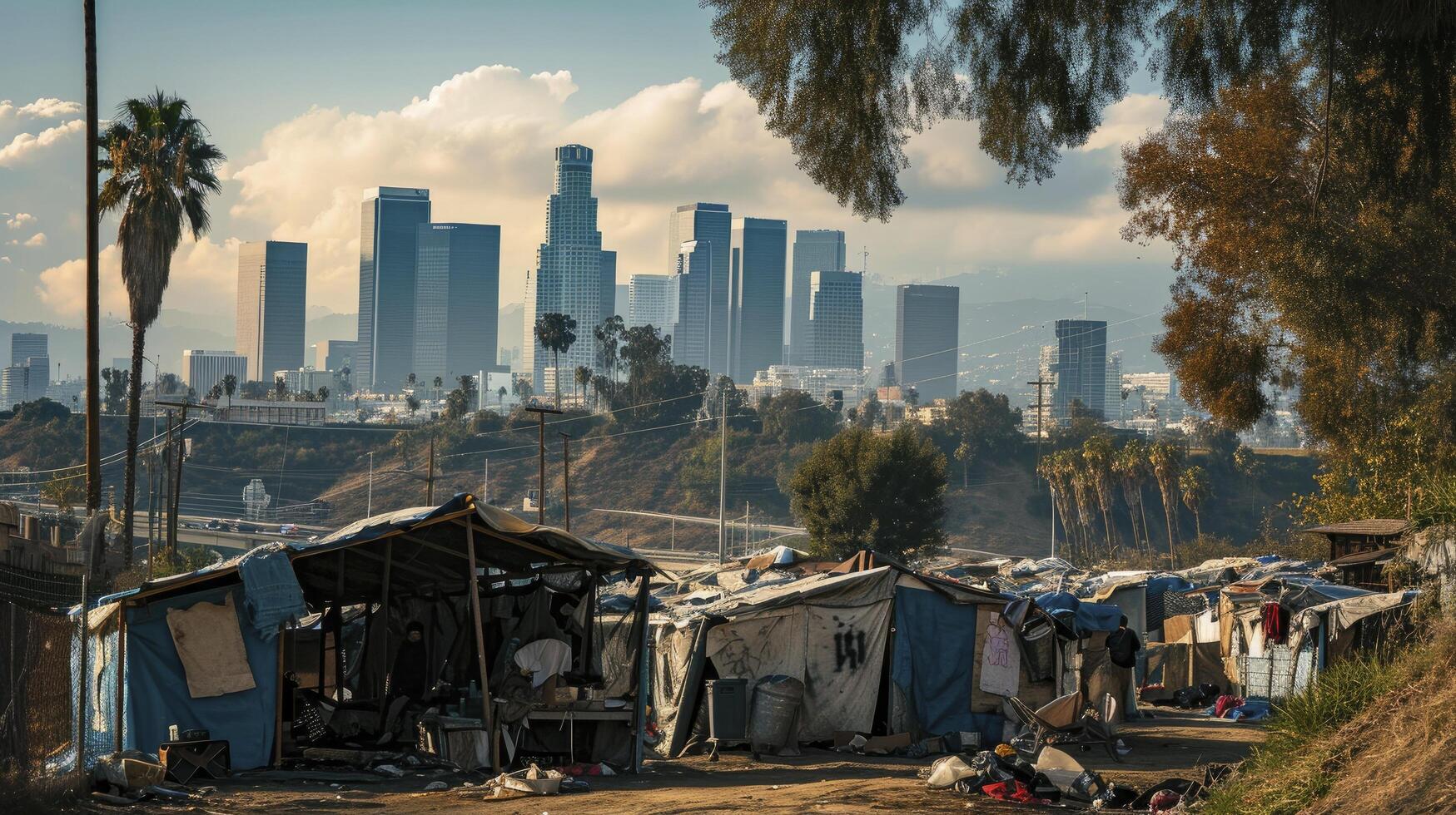 ai genererad flykting läger skydd för hemlös i främre av los angeles stad horisont foto