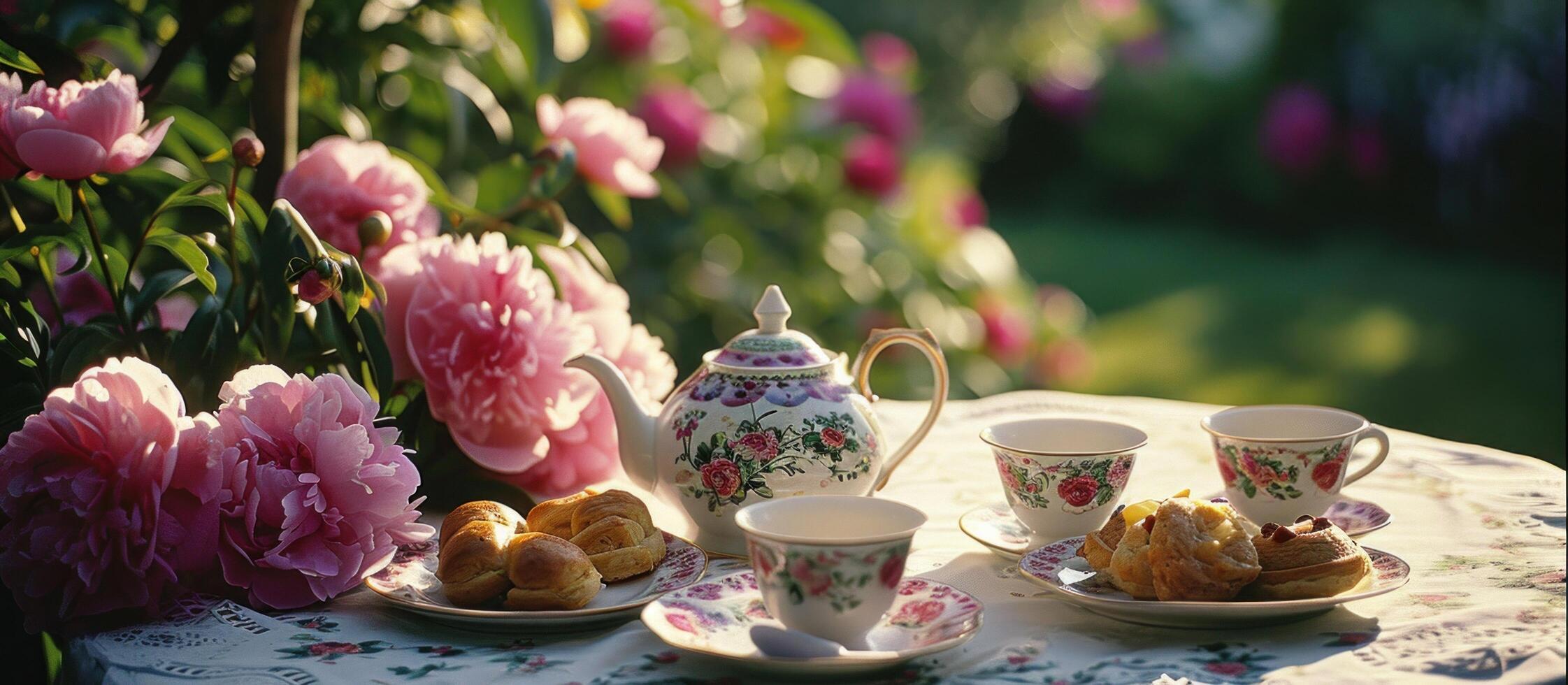 ai genererad en te pott och koppar sitta på en tabell nära rosa pioner och bakverk foto