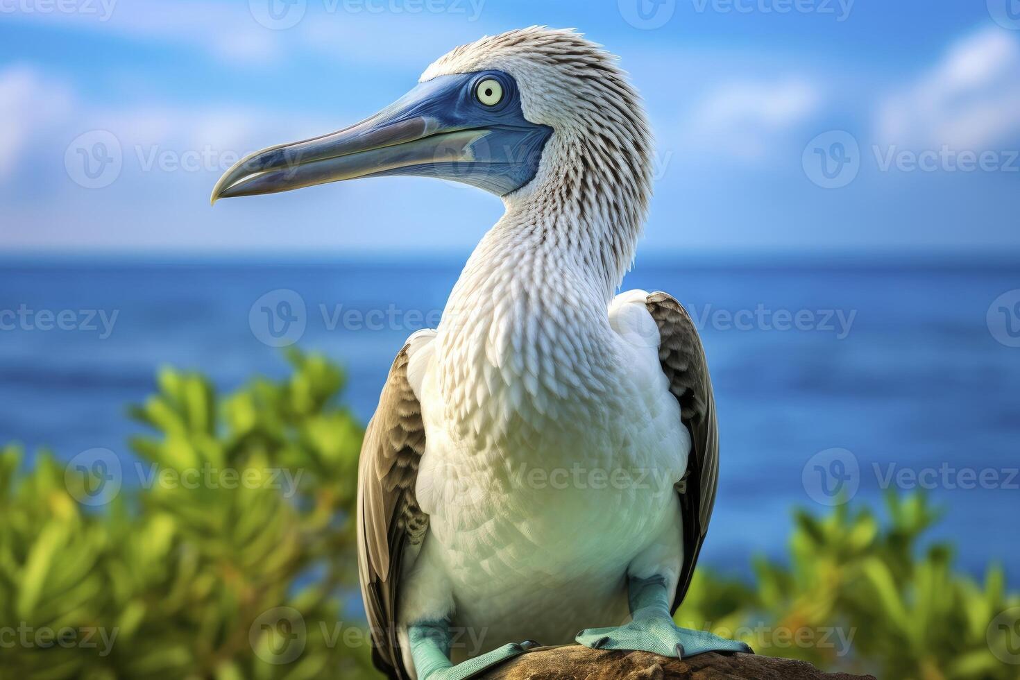 ai genererad de sällsynt blåfotad drummel vilar på de strand. ai genererad foto