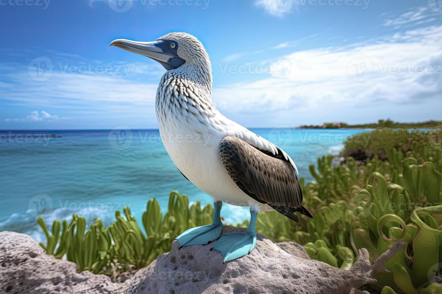 ai genererad de sällsynt blåfotad drummel vilar på de strand. ai genererad foto