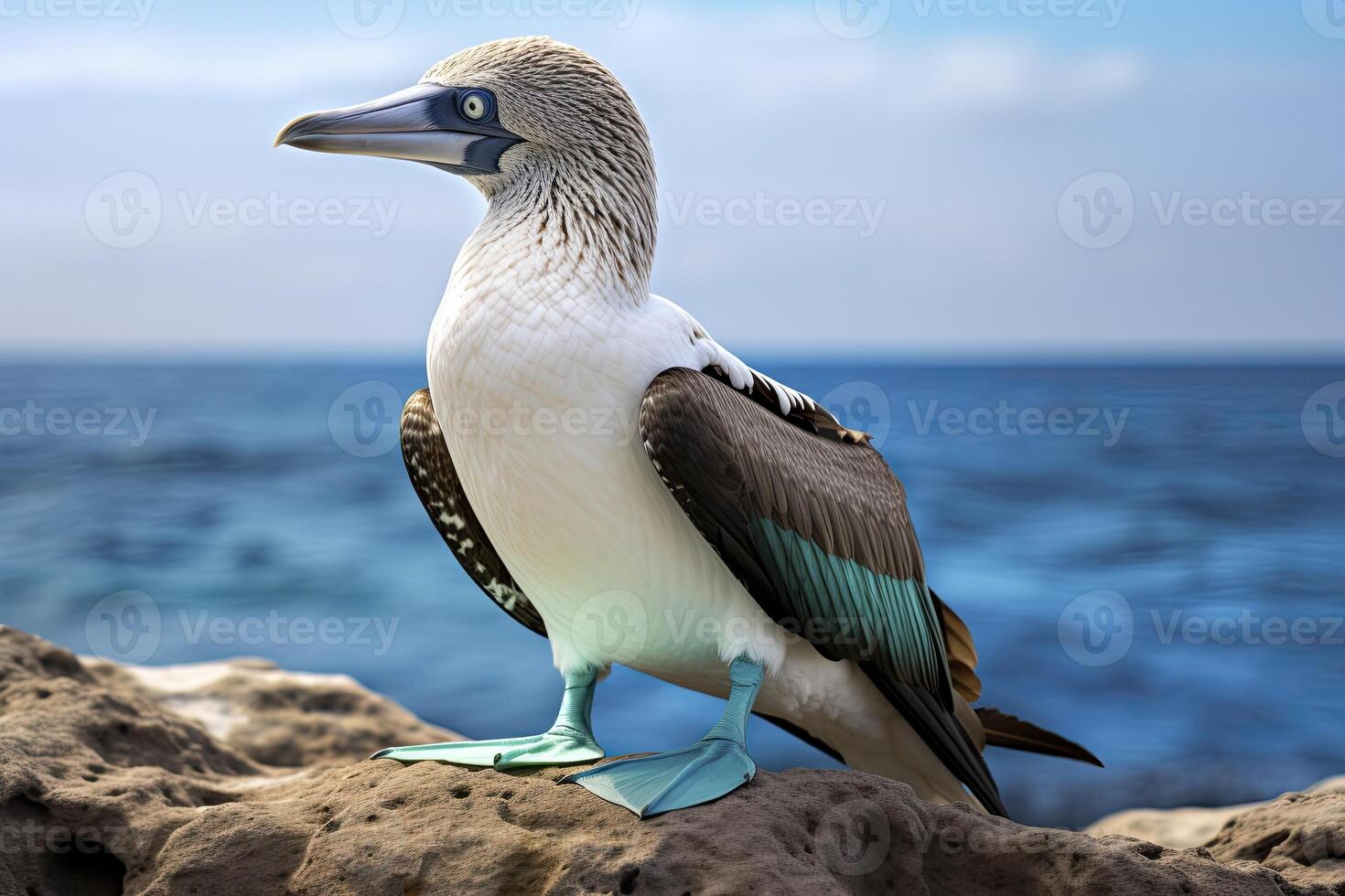 ai genererad de sällsynt blåfotad drummel vilar på de strand. ai genererad foto