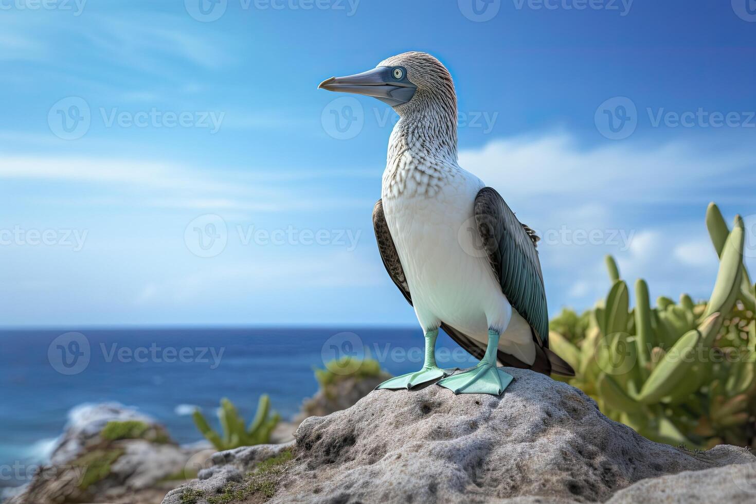 ai genererad de sällsynt blåfotad drummel vilar på de strand. ai genererad foto