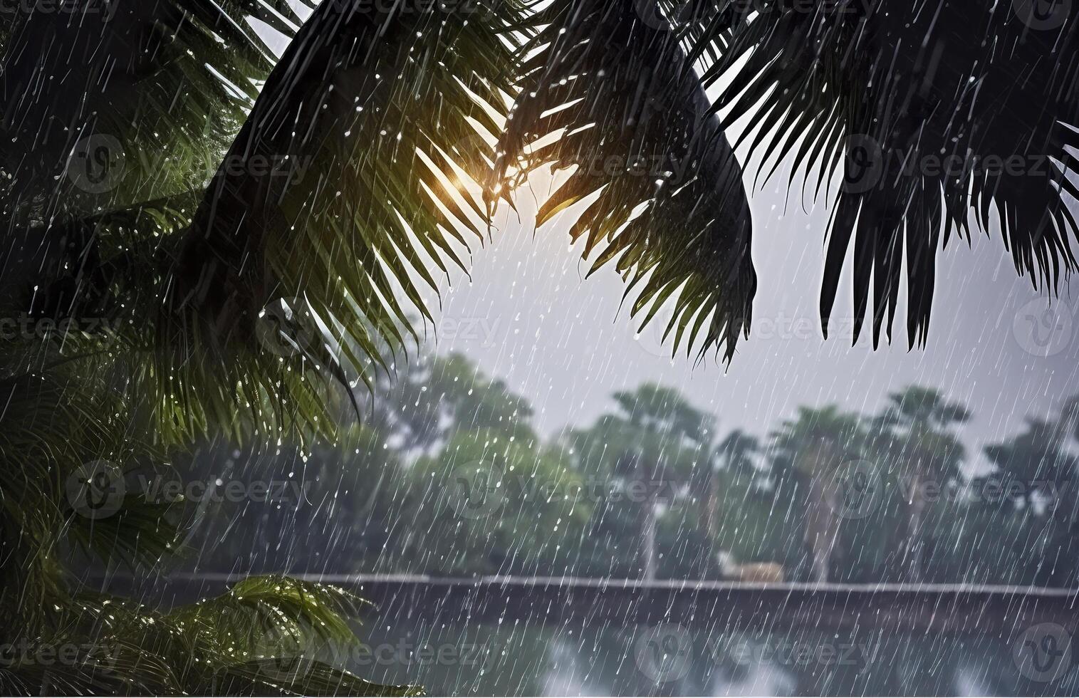 ai genererad regn i de tropikerna under de låg säsong eller monsun säsong. regndroppar i en trädgård. generativ ai foto