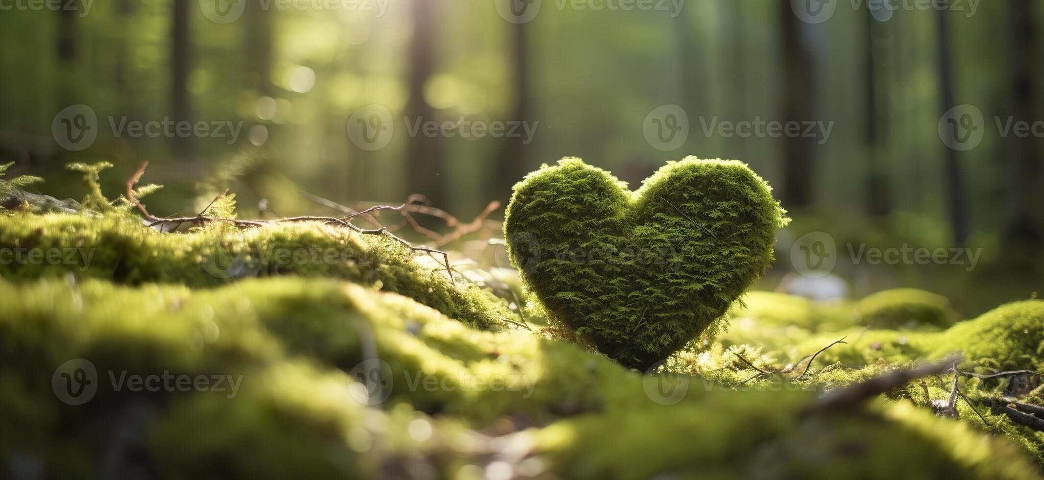 ai genererad närbild av trä- hjärta på mossa. naturlig begravning grav i de skogen. generativ ai foto