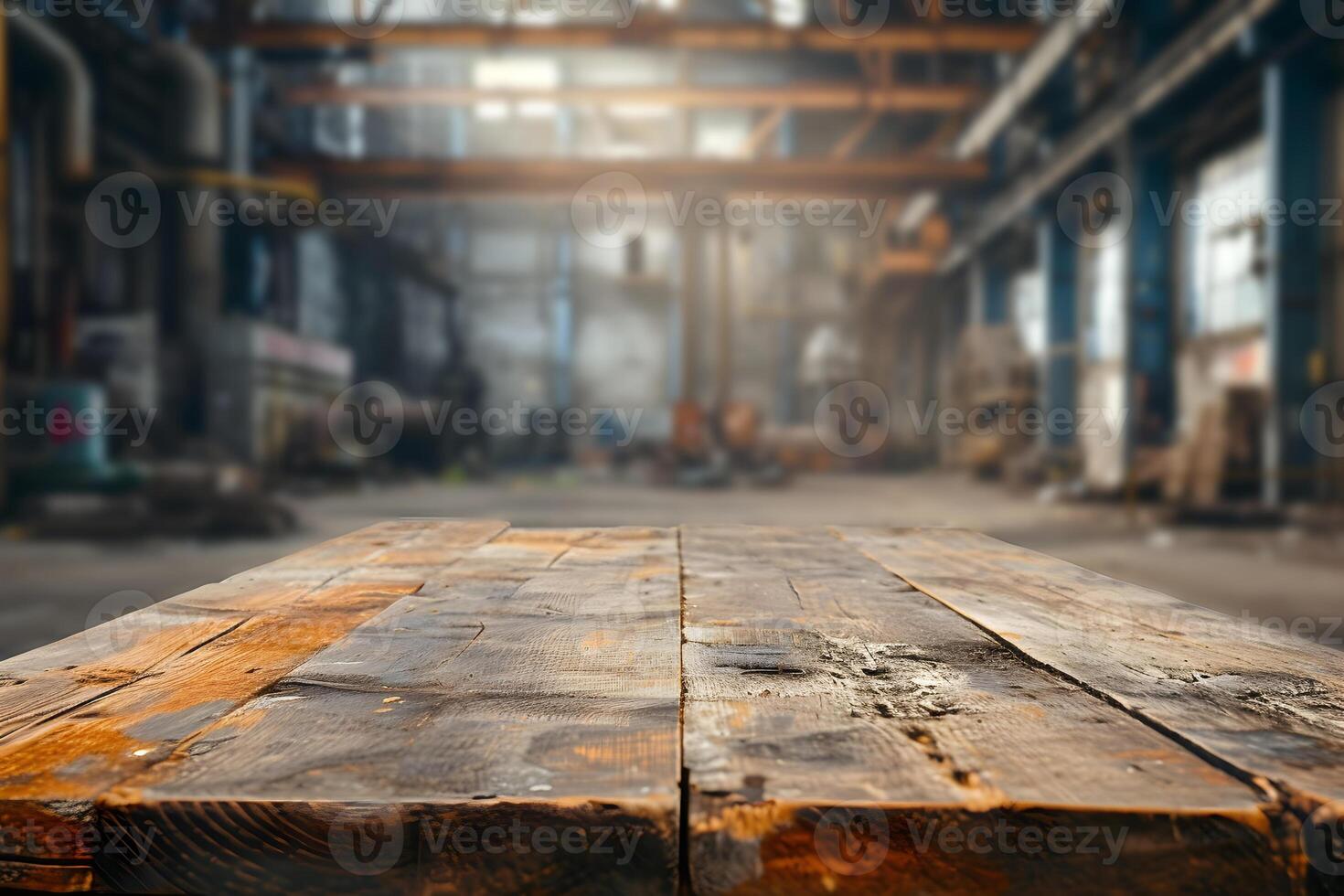 ai genererad förgrund tömma tabell, suddigt övergiven fabrik bakgrund foto