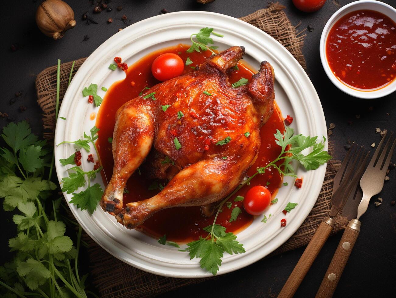 ai genererad grillad kyckling trumpinnar eller ben eller rostad bbq med kryddor och tomat salsa sås på en svart tallrik. topp se med kopia foto